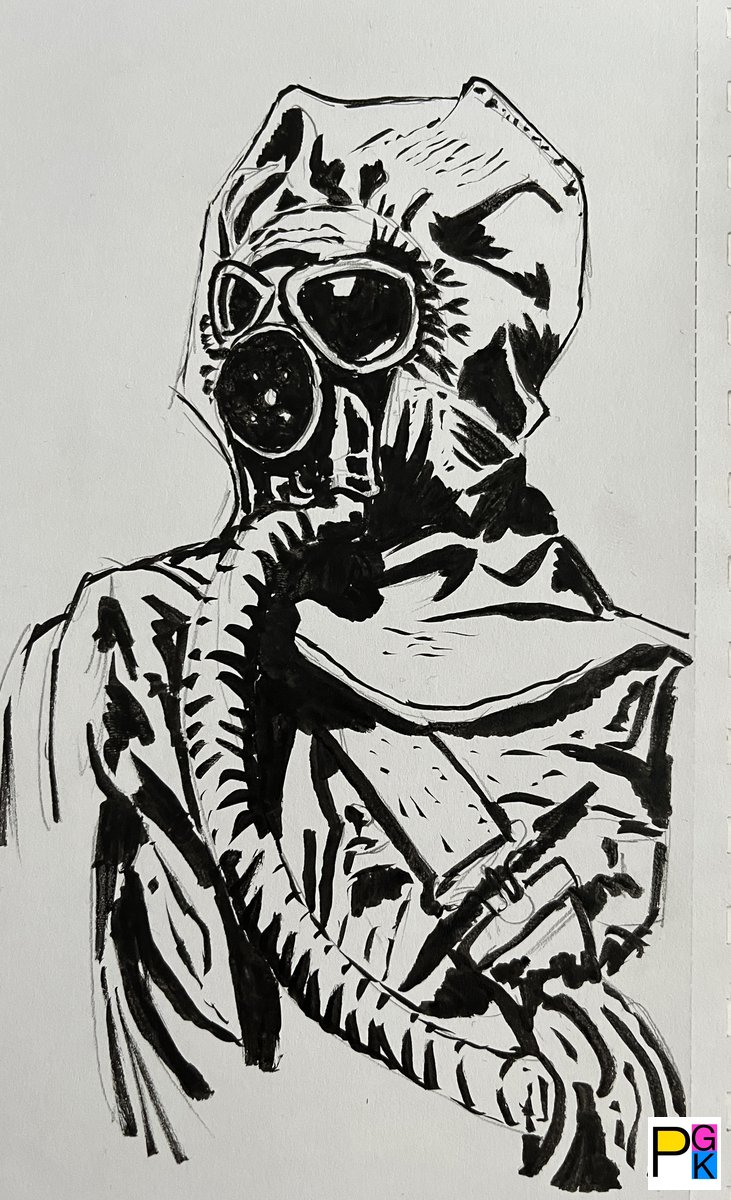 Ww1 Masked Soldier. Ink Sketch Built From Bold...